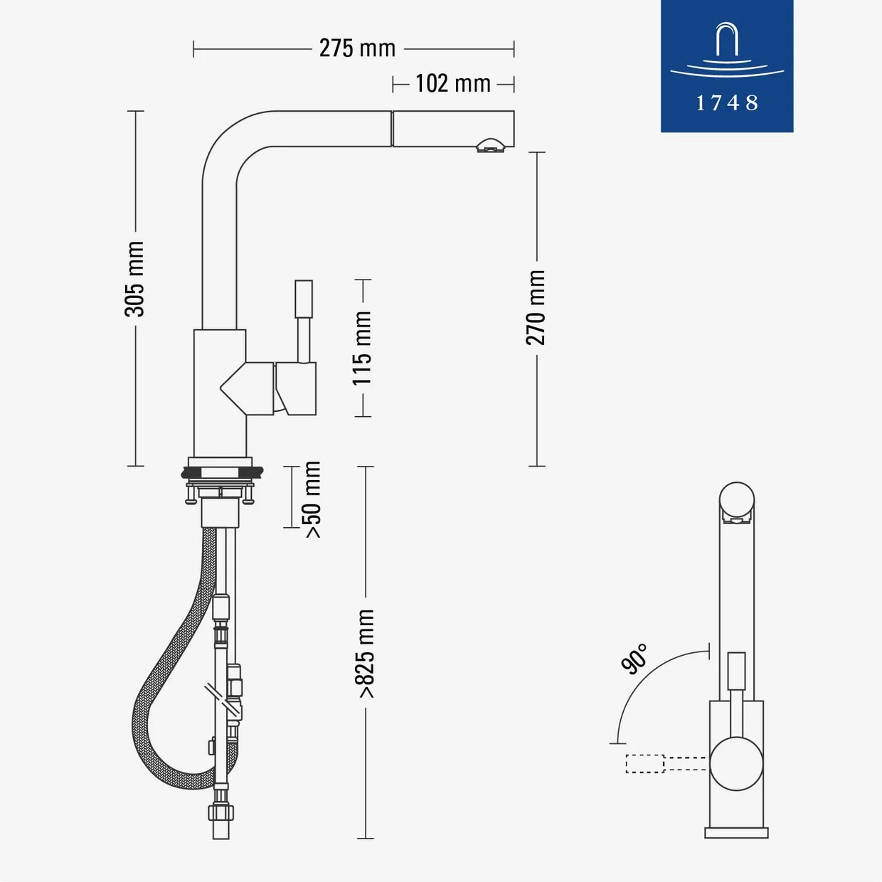 Смеситель для кухни Villeroy & Boch Steel Shower с выдвижной лейкой, нержавеющая сталь (969701LC) — фото 9