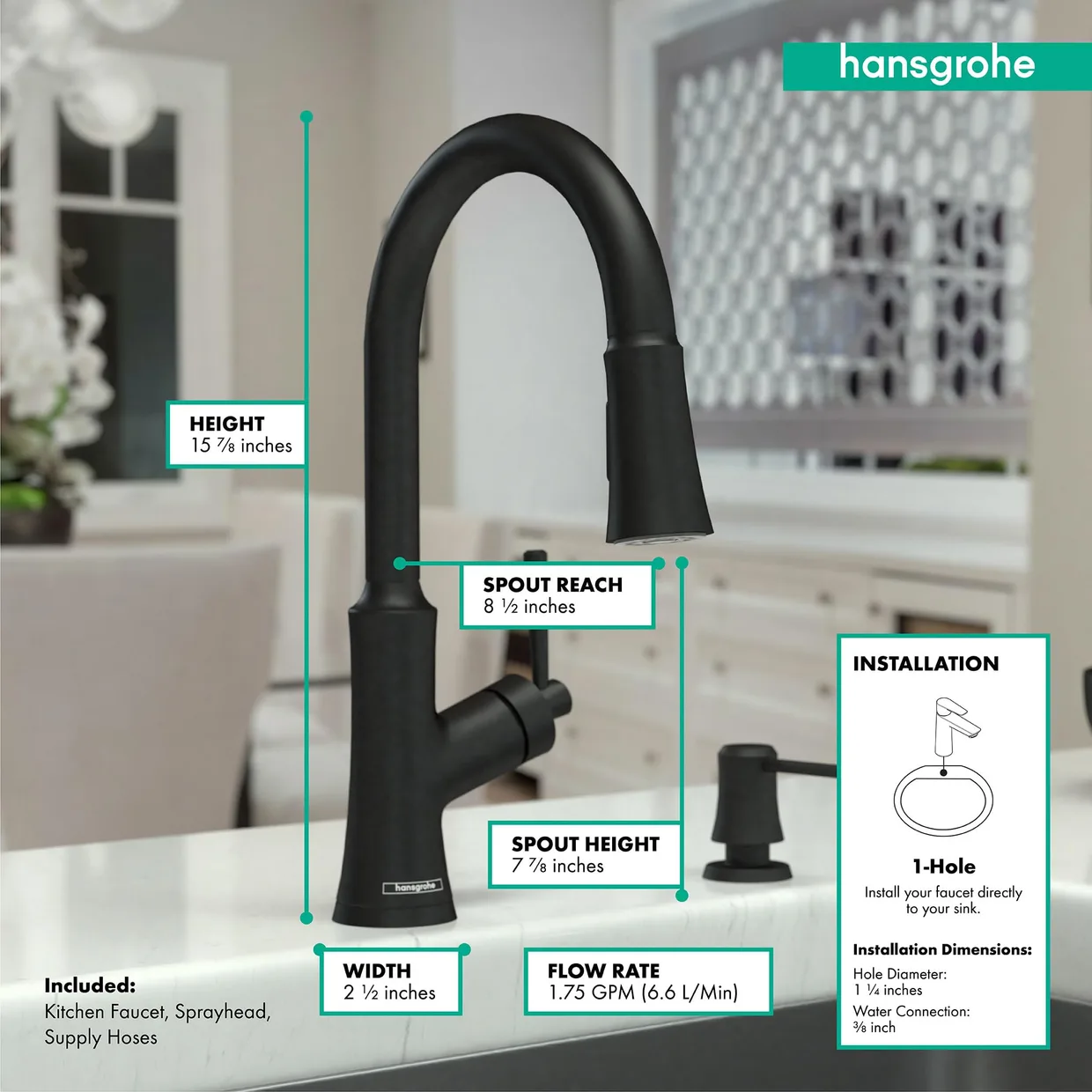 Смеситель для кухни hansgrohe Joleena HighArc с выдвижной лейкой, 2 режима, Matt Black (04793670) — фото 4