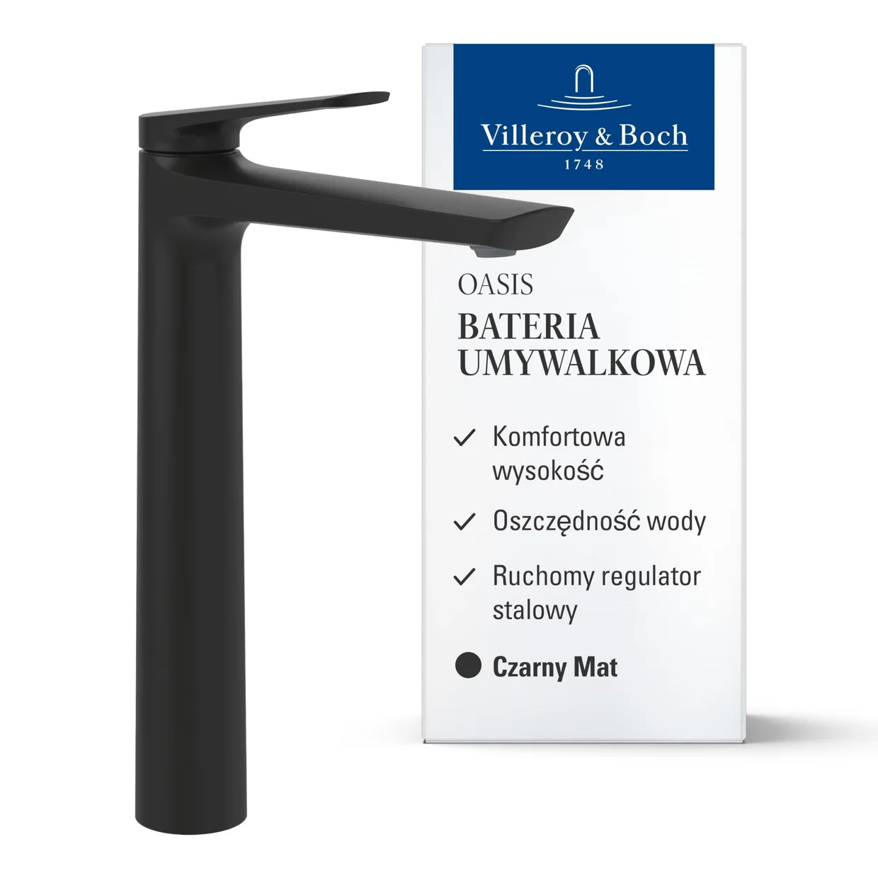 Змішувач для раковини Villeroy & Boch Oasis підвищений, без донного клапана, матовий чорний (TVW115002001K5)