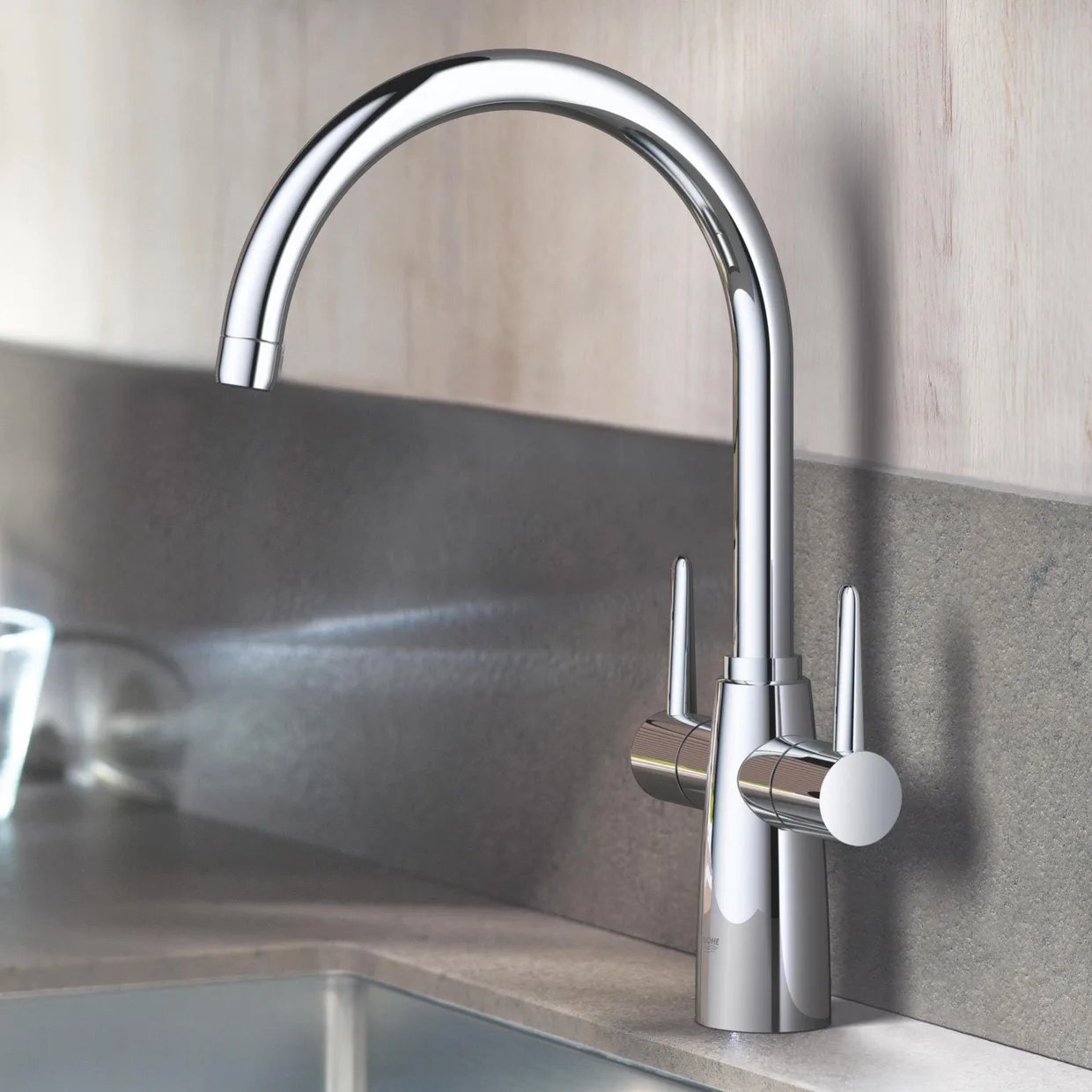 Смеситель для кухни двухвентильный GROHE Ambi с высоким C-образным изливом, хром (30189000) — фото 4