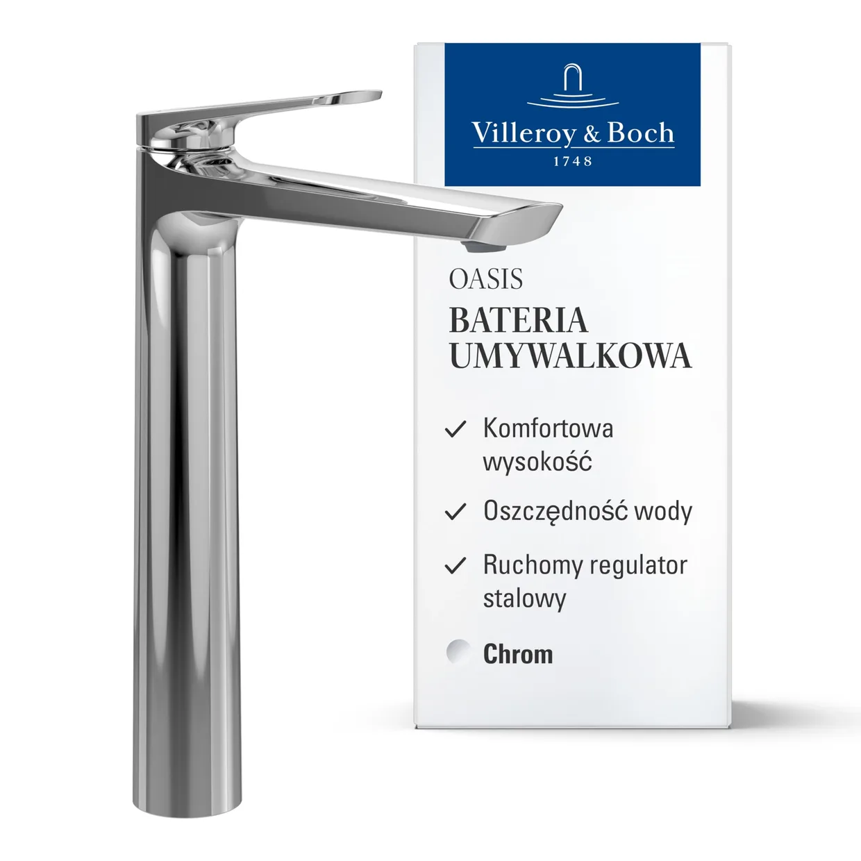 Змішувач для раковини Villeroy & Boch Oasis підвищений, без донного клапана, хром