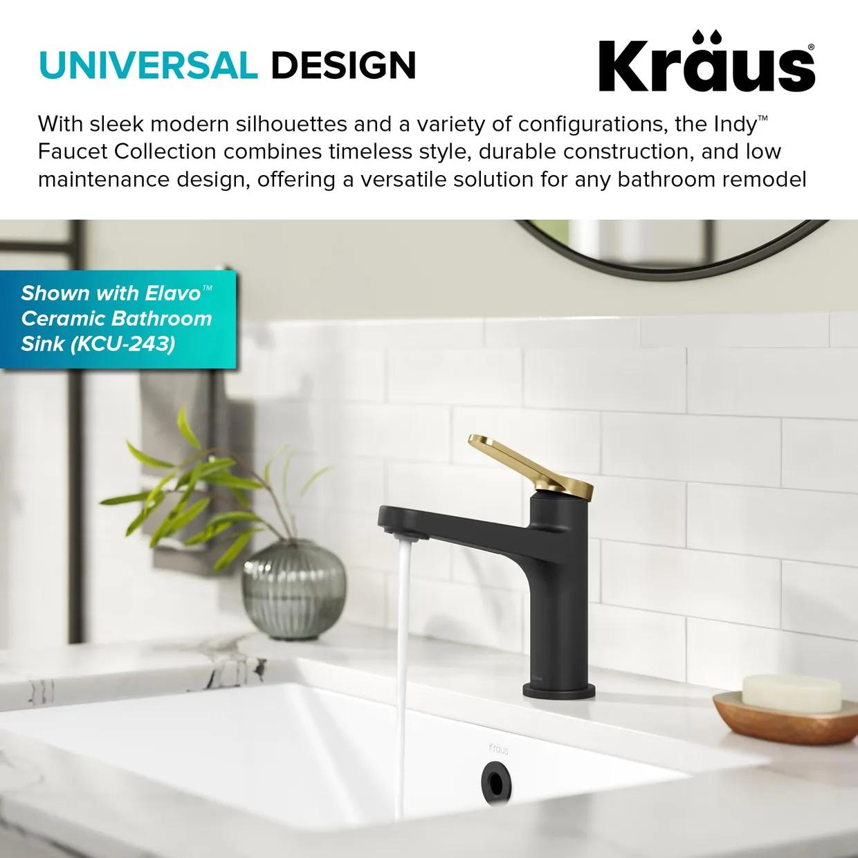 Смеситель для раковины Kraus Indy с донным клапаном pop-up, брашированная латунь / матовый чёрный (KBF-1411SFBBMB) — фото 2