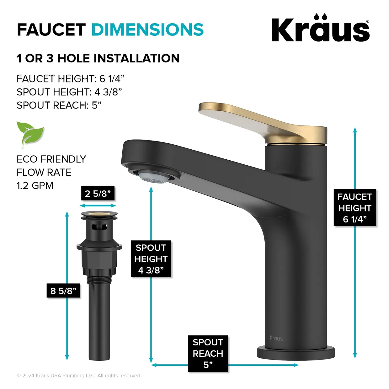 Смеситель для раковины Kraus Indy с донным клапаном pop-up, брашированная латунь / матовый чёрный (KBF-1411SFBBMB) — фото 4