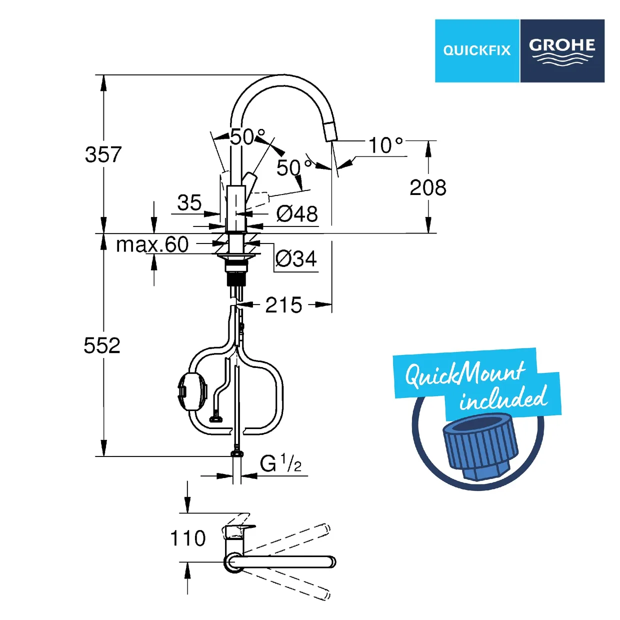 Змішувач для кухні GROHE StartEdge з висувним C-подібним виливом, хром (30553000) — фото 8