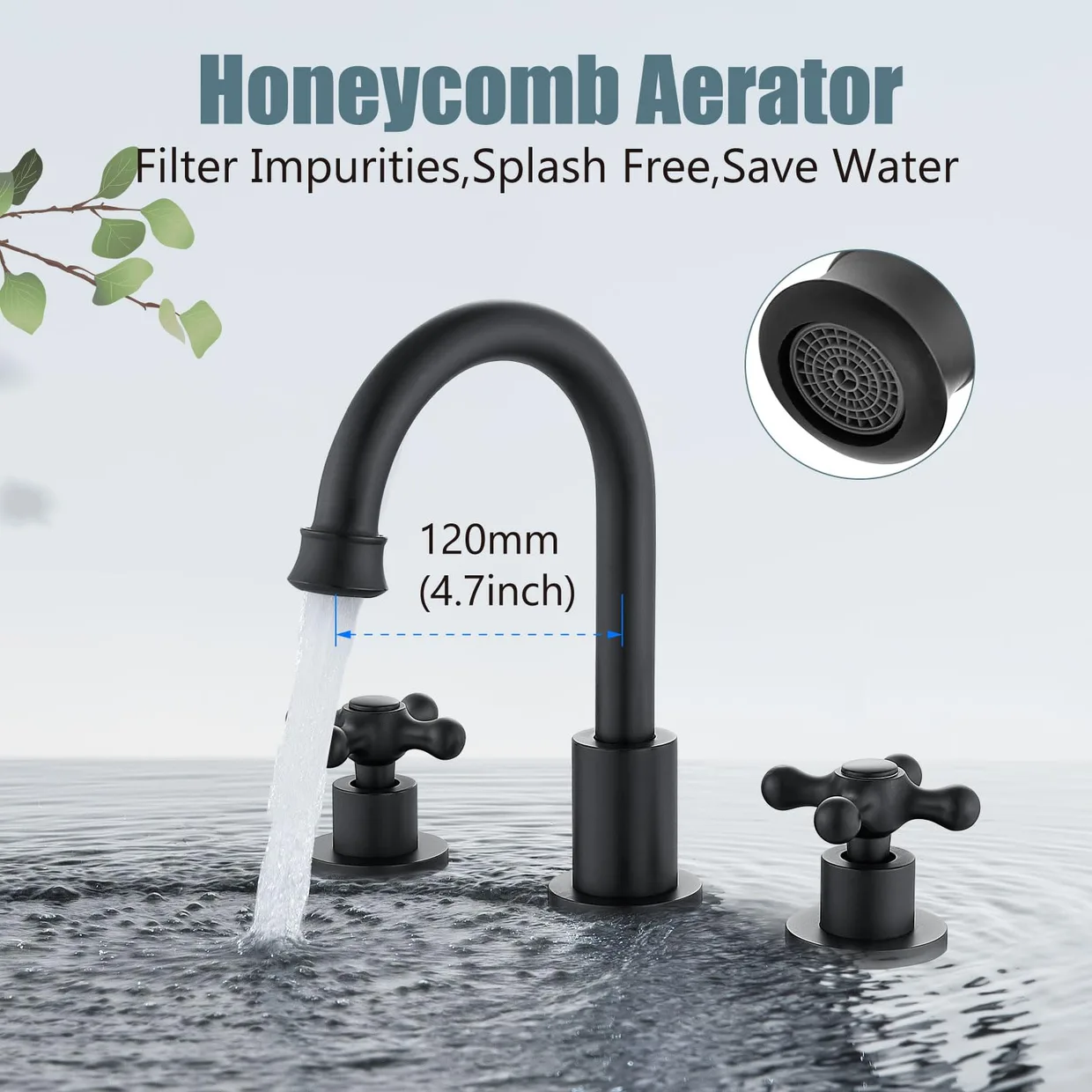 Смеситель для раковины двухвентильный Aolemi на 3 отверстия 8″ с поворотным изливом и донным клапаном pop-up, матовый чёрный (82531) — фото 4