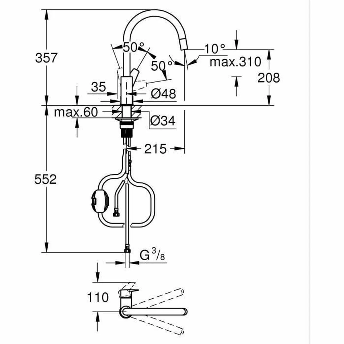 Смеситель для кухни GROHE StartEdge с выдвижным C-образным изливом, хром (30550000) — фото 2