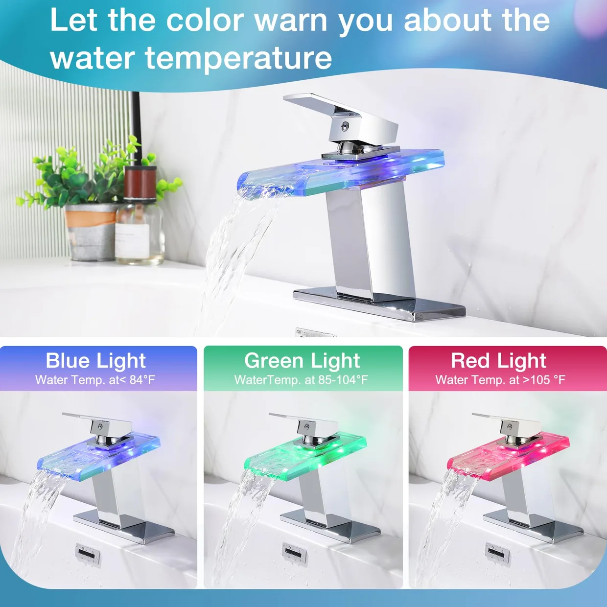 Смеситель для раковины ASRCLOO со стеклянным изливом-водопадом и LED-подсветкой по температуре, хром — фото 2