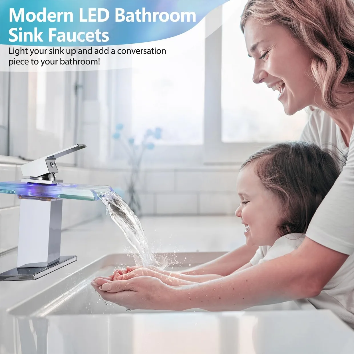 Смеситель для раковины ASRCLOO со стеклянным изливом-водопадом и LED-подсветкой по температуре, хром — фото 3