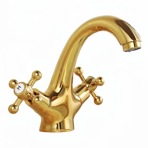 Смеситель для раковины двухвентильный NIUKOMY с крестообразными ручками, золотистый (SLT-N16)