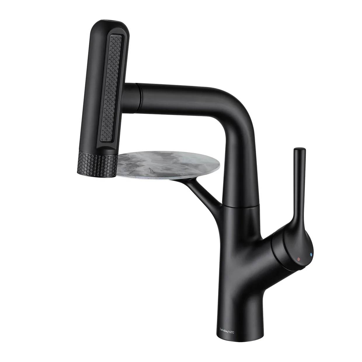 Смеситель для раковины LakeBayMZC с выдвижной лейкой на 6 режимов и полочкой, матовый чёрный (MZC-New-H3341-S)