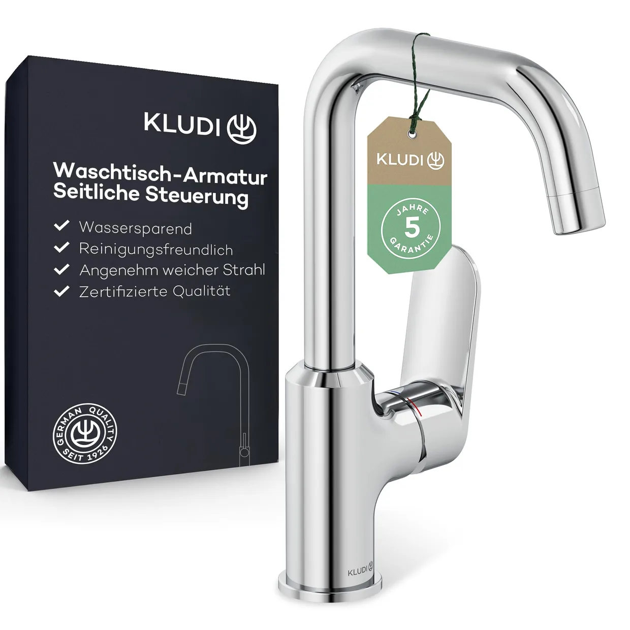 Смеситель для раковины Kludi-X1 L с поворотным П-образным изливом и боковым рычагом, излив на высоте 205 мм, хром (32028)