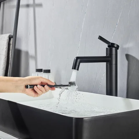 Смеситель для раковины высокий LakeBayMZC с поворотным изливом, 2 режима, матовый чёрный (MZC-YN-CU2225-1-S)