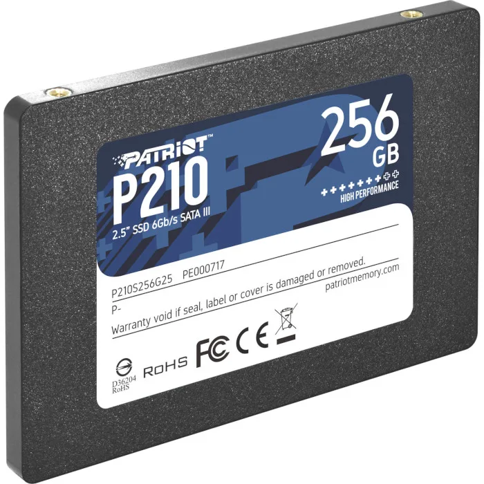 Накопичувач SSD Patriot P210 2.5 SATA 256GB під кутом із синьою наклейкою