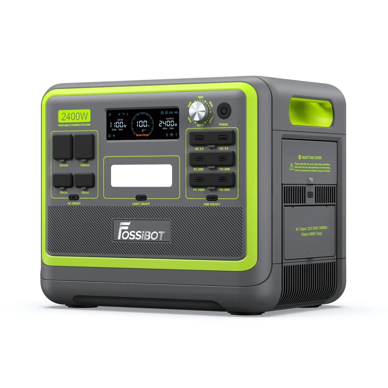 Зарядная станция FOSSiBOT F2400 Green — порты подключения и фонарь