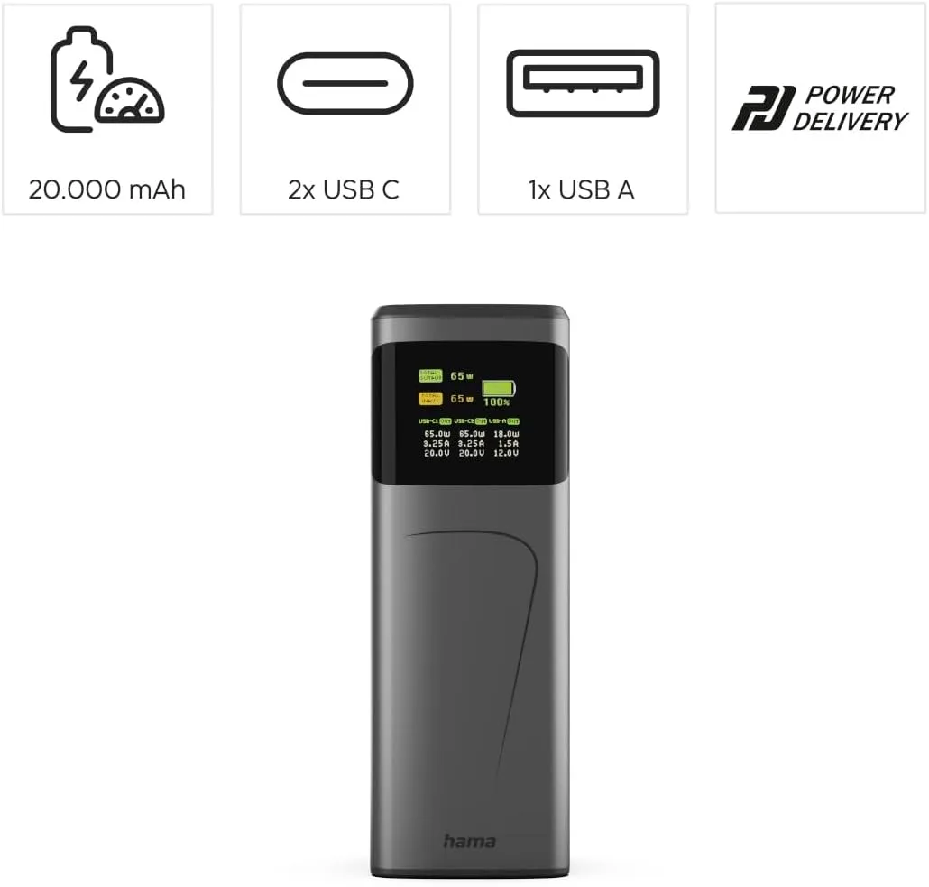 Power Bank Hama High Power 20 20000mAh 65W Power Delivery Gray (00201741) — фото 2