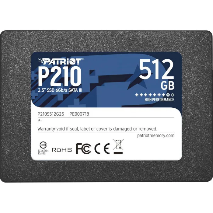 Вид спереду на накопичувач SSD Patriot P210 2.5 SATA 512GB з наліпкою характеристик